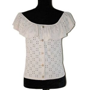 Chasing Dots Ruffle Shoulder Beige Blouse L